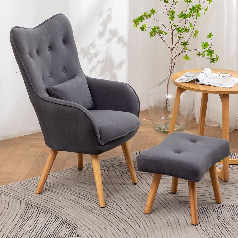 Scalloped Velvet Accent Chair with Ottoman & Button Tufting