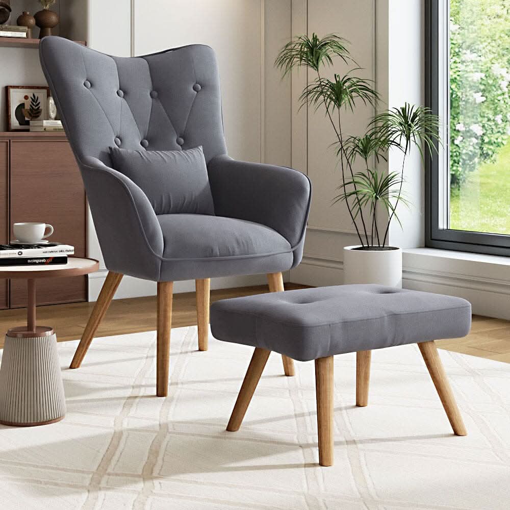Scalloped Velvet Accent Chair with Ottoman & Button Tufting