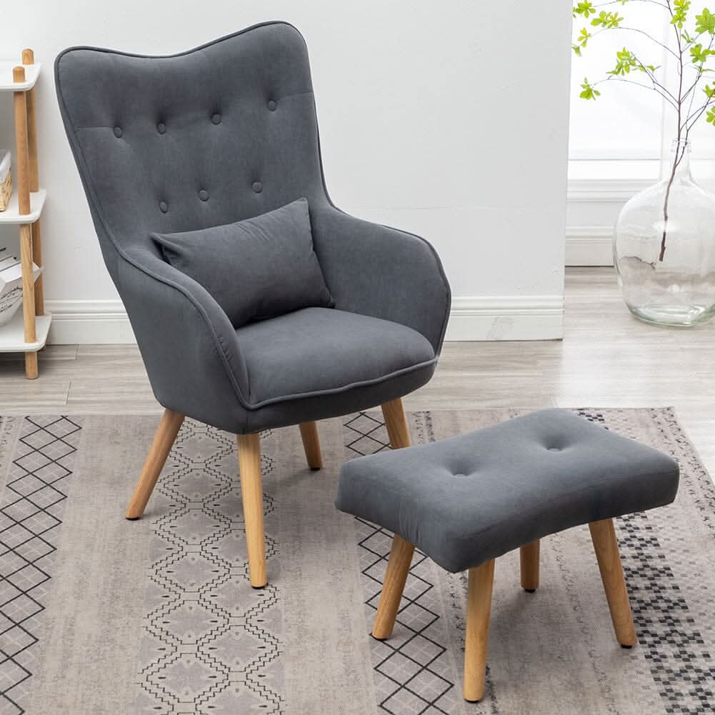 Scalloped Velvet Accent Chair with Ottoman & Button Tufting