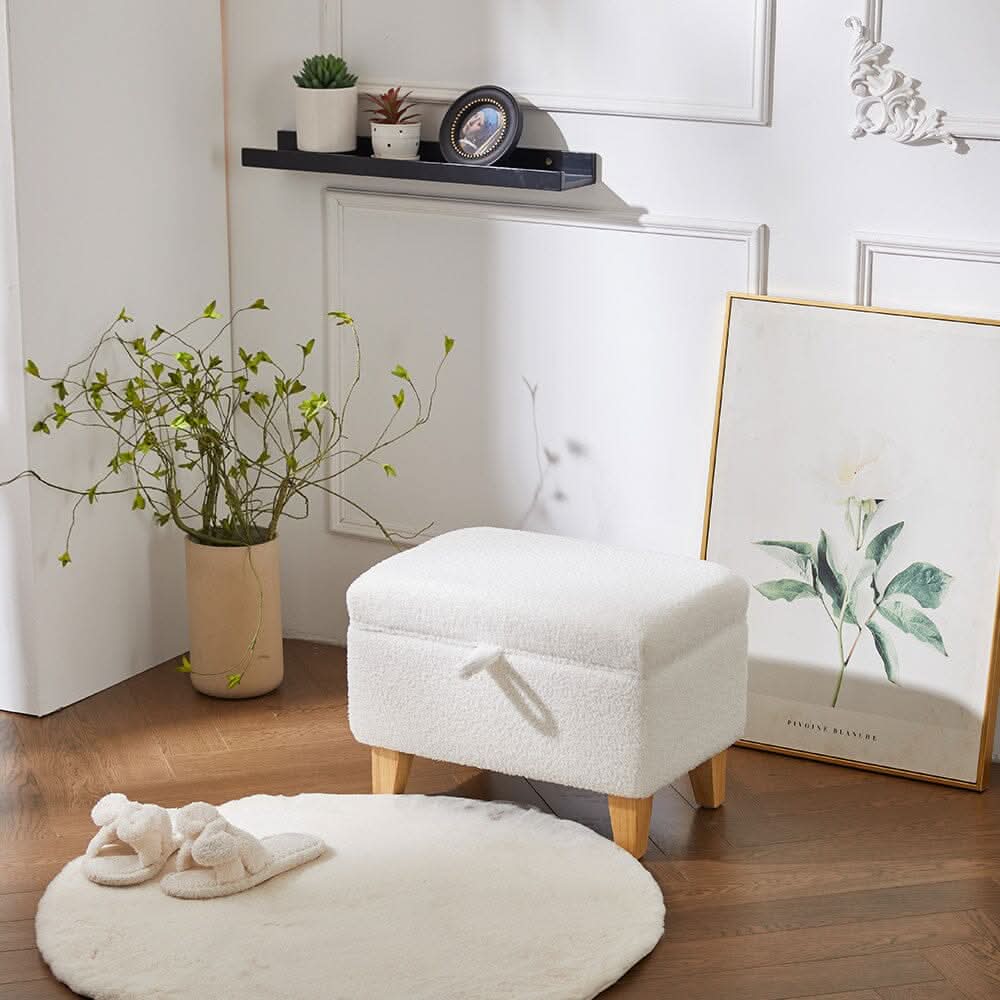 Compact Teddy Fabric Storage Ottoman with Lift-Up Seat and Solid Wood Legs