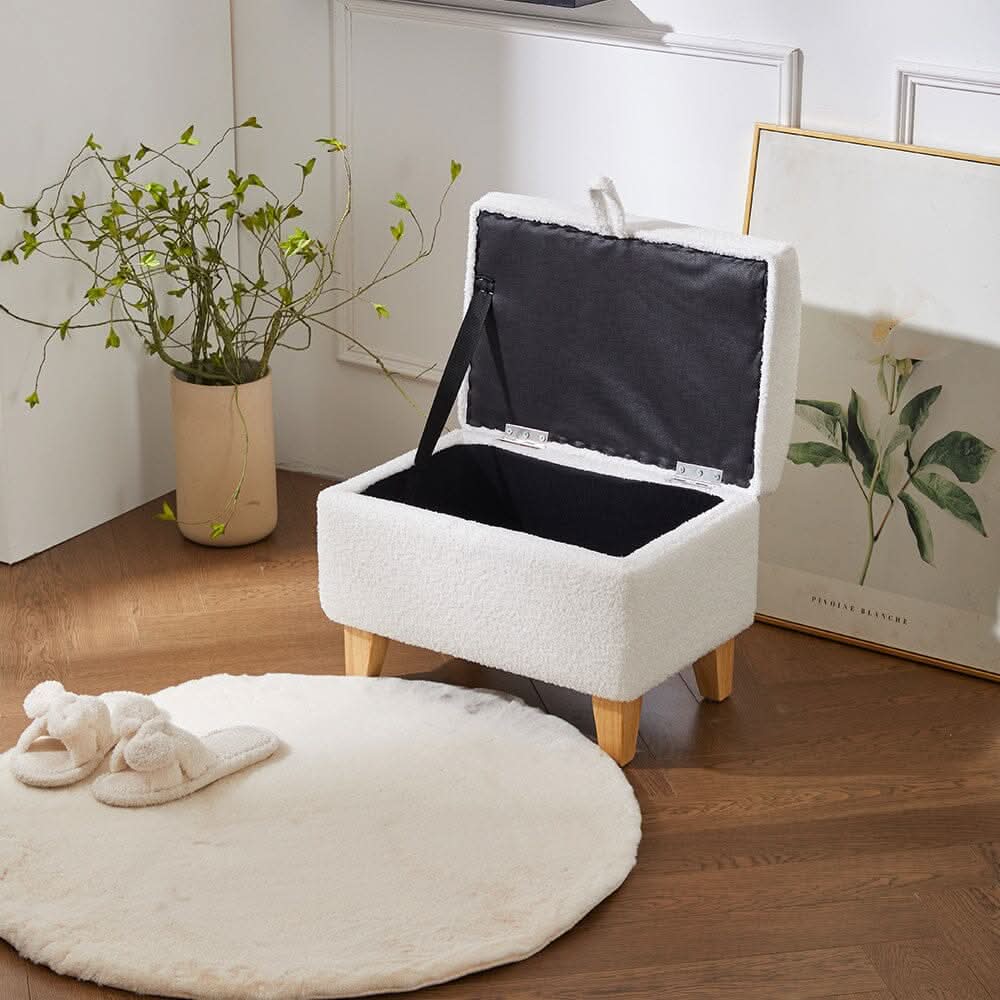 Compact Teddy Fabric Storage Ottoman with Lift-Up Seat and Solid Wood Legs