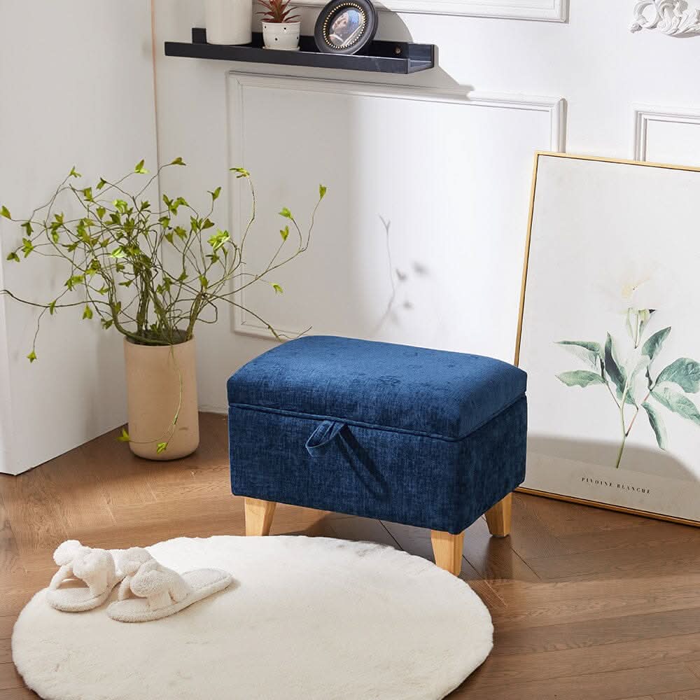 Compact Teddy Fabric Storage Ottoman with Lift-Up Seat and Solid Wood Legs