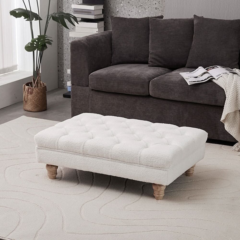 Tufted Upholstered Bench Teddy Fabric White with Turned Wooden Legs