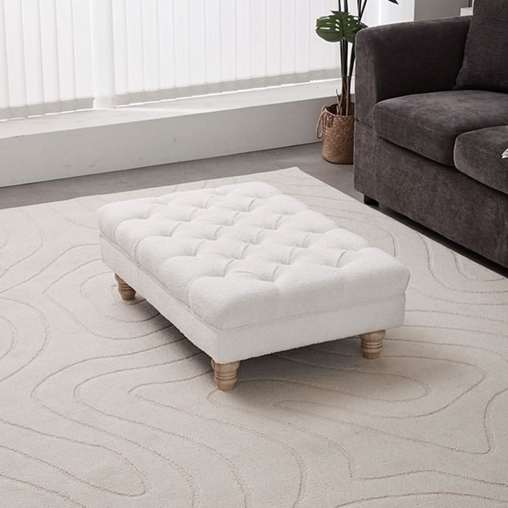 Tufted Upholstered Bench Teddy Fabric White with Turned Wooden Legs