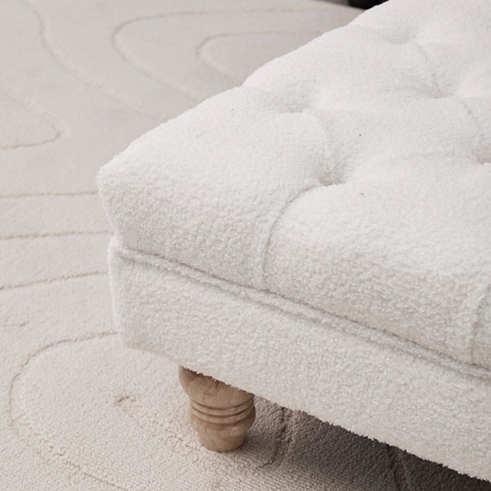 Tufted Upholstered Bench Teddy Fabric White with Turned Wooden Legs