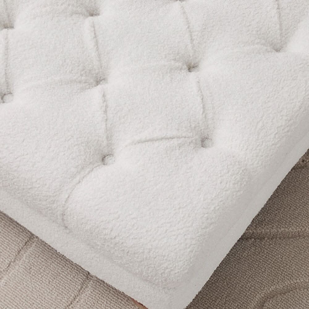 Tufted Upholstered Bench Teddy Fabric White with Turned Wooden Legs
