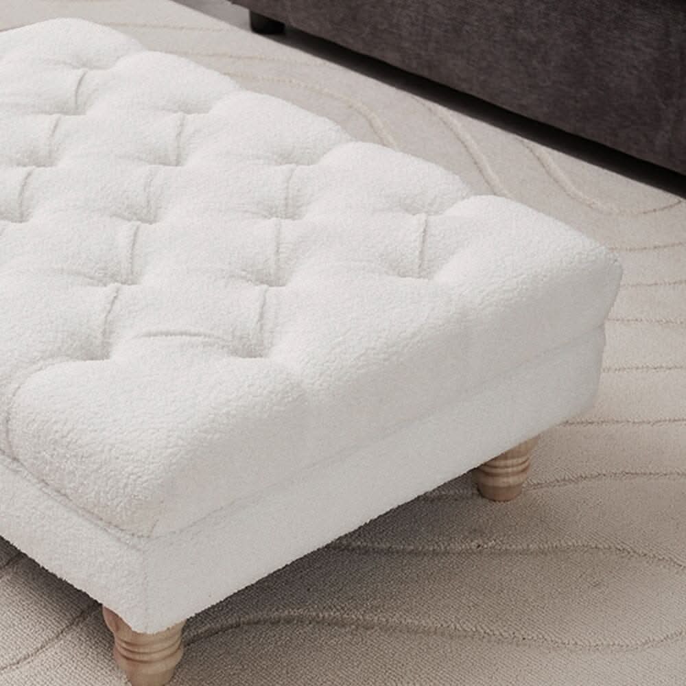 Tufted Upholstered Bench Teddy Fabric White with Turned Wooden Legs