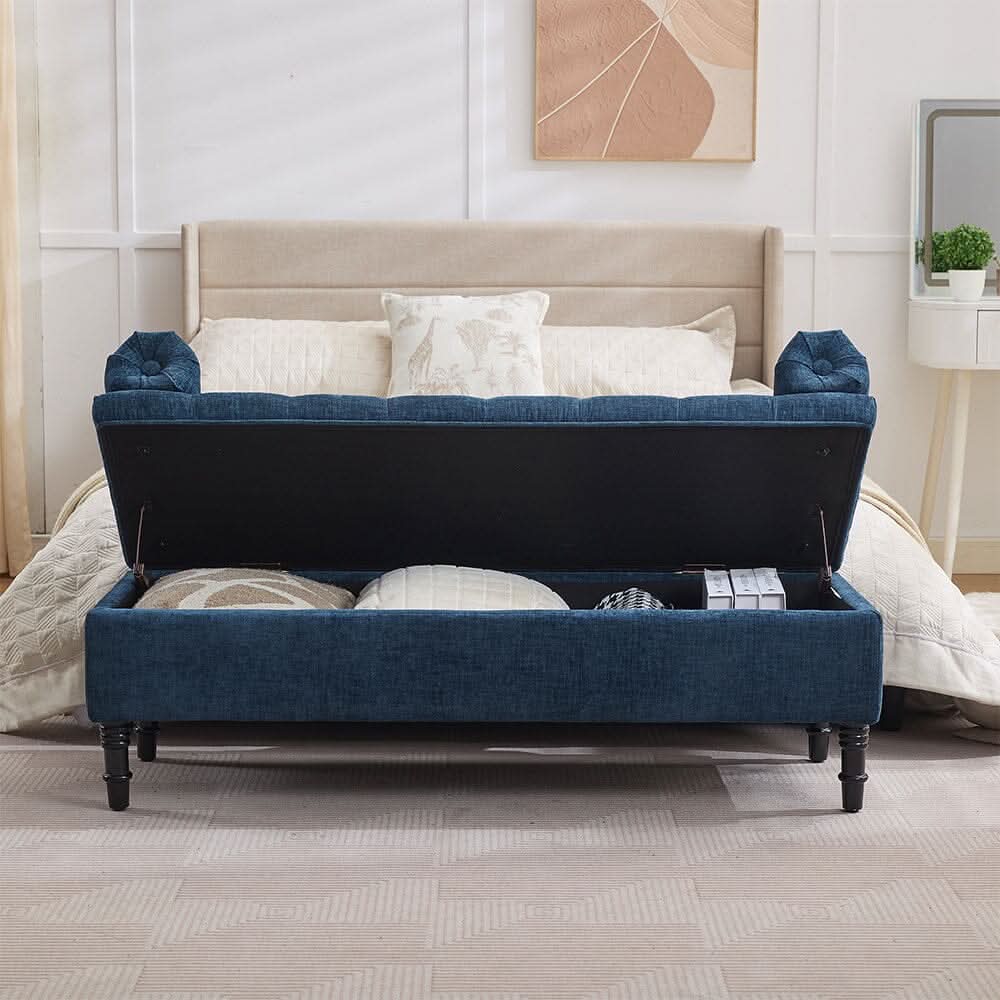 Chenille Upholstered Storage Bench with Lift-Up Seat and Double Cushions