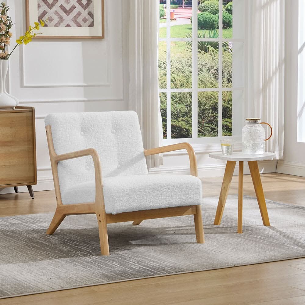 White Teddy Fleece Accent Chair with Solid Wood Arms & Modular Design