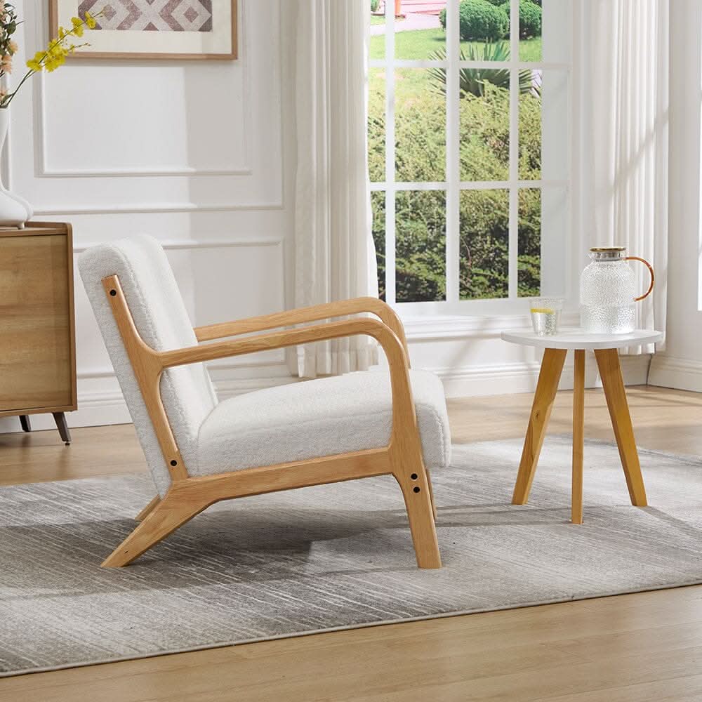 White Teddy Fleece Accent Chair with Solid Wood Arms & Modular Design