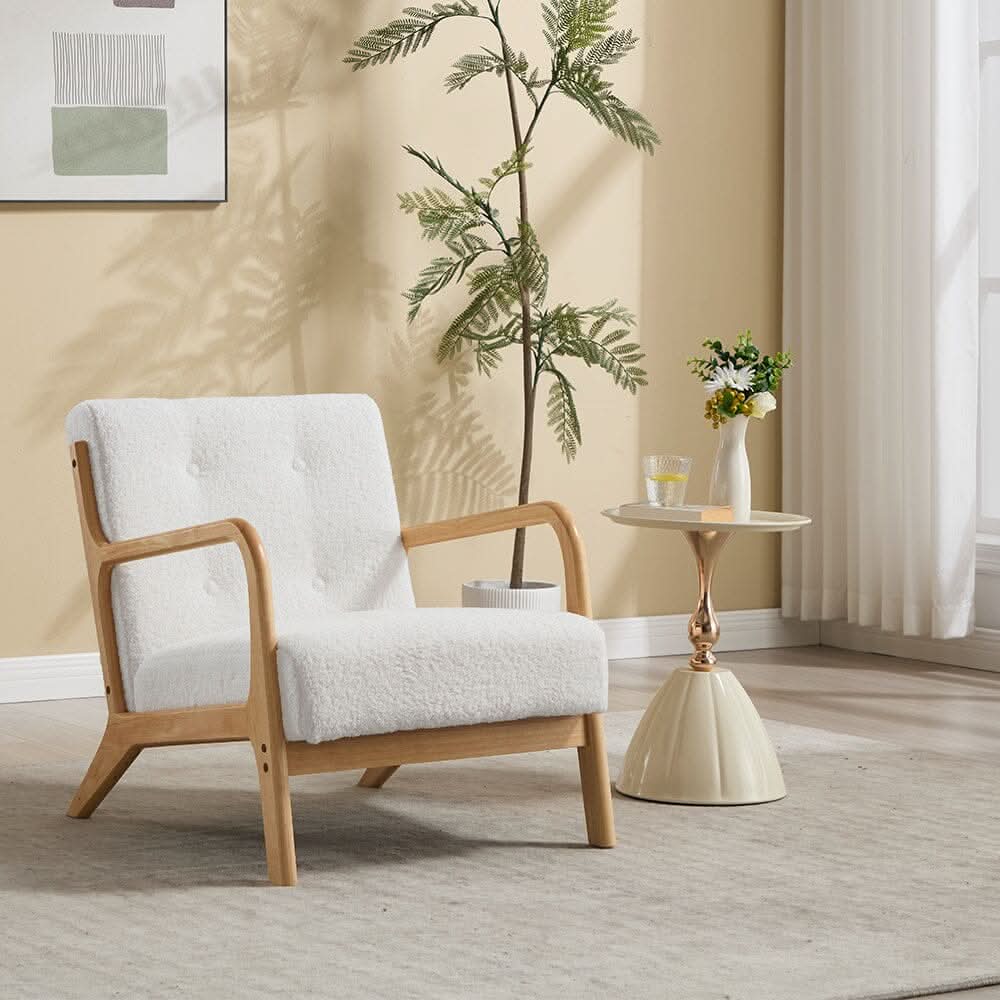 White Teddy Fleece Accent Chair with Solid Wood Arms & Modular Design