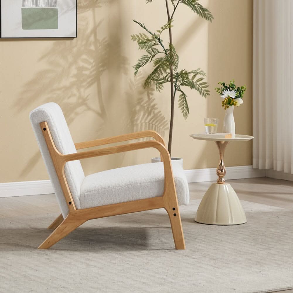 White Teddy Fleece Accent Chair with Solid Wood Arms & Modular Design