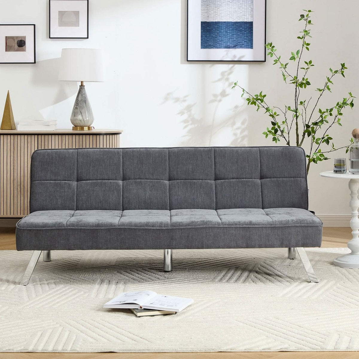 Convertible Sofa Bed with Tufted Fabric and Metal Legs