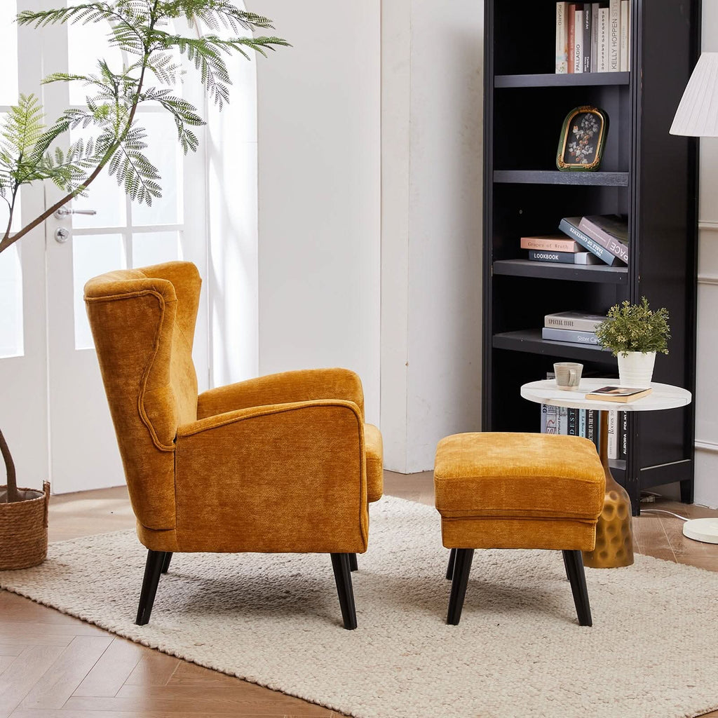 Chenille & Velvet Accent Chair with Ottoman Set