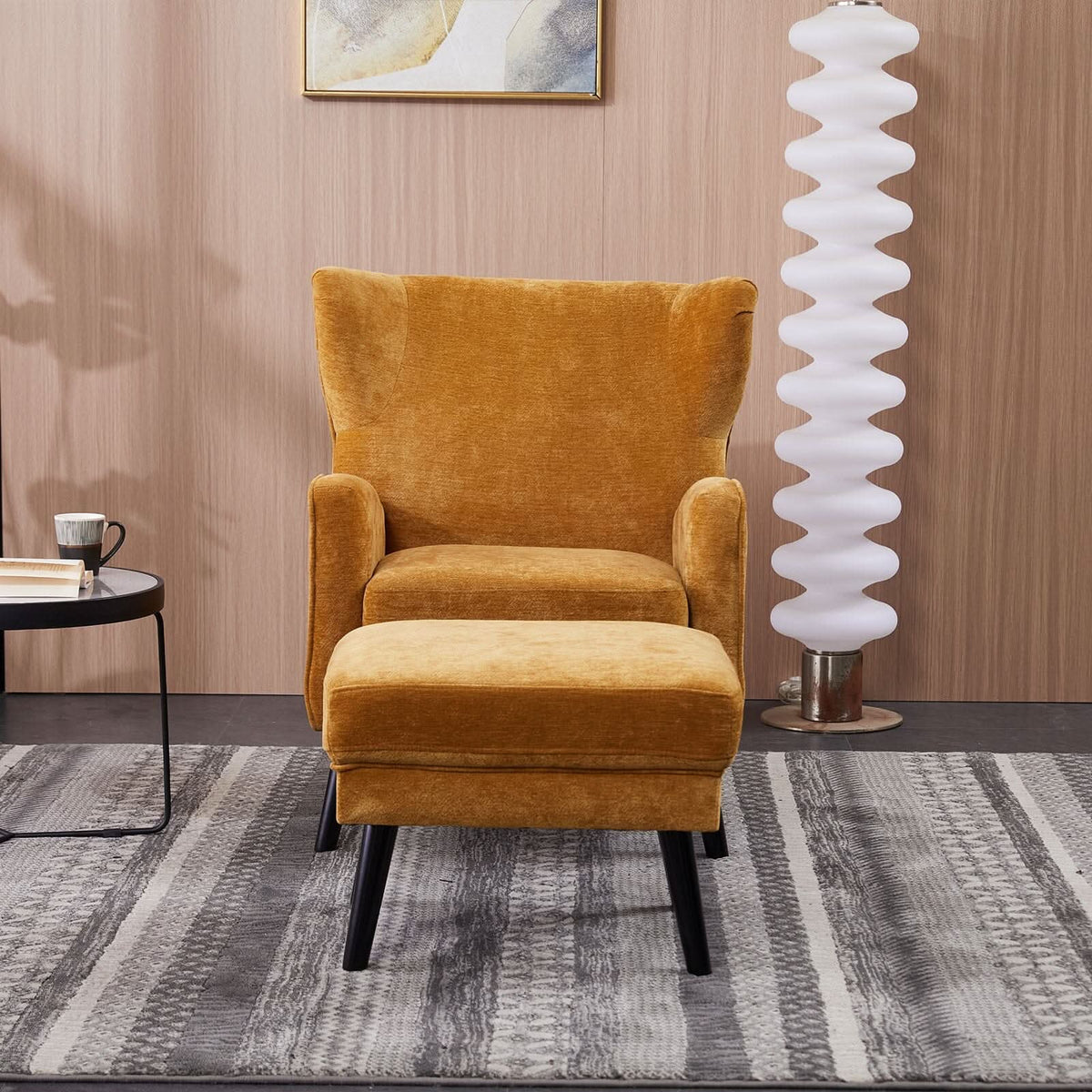 Chenille & Velvet Accent Chair with Ottoman Set