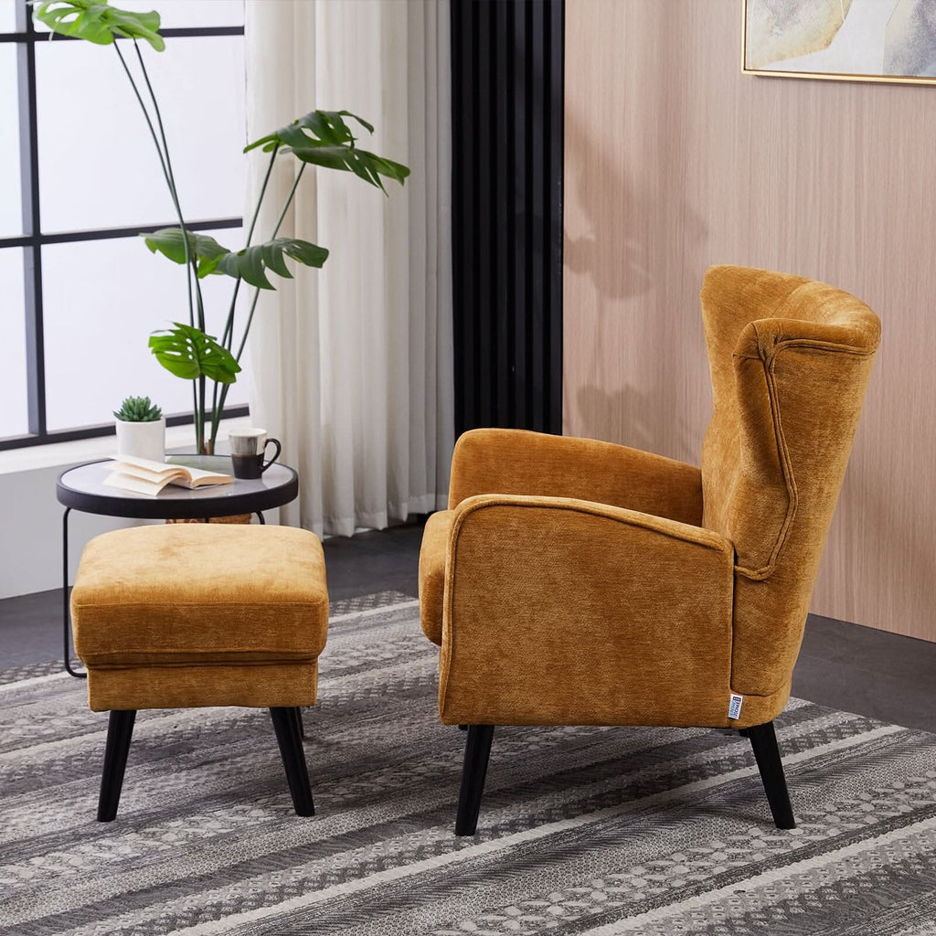 Chenille & Velvet Accent Chair with Ottoman Set