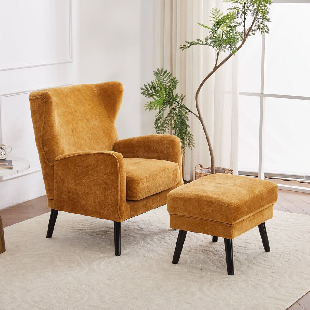 Chenille & Velvet Accent Chair with Ottoman Set