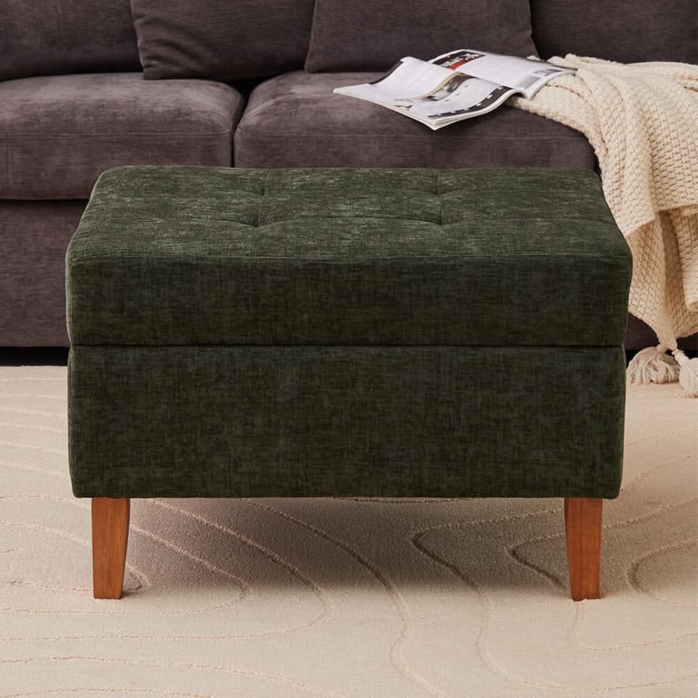 Chenille Upholstered Storage Ottoman with Lift-Up Lid and Solid Wood Legs