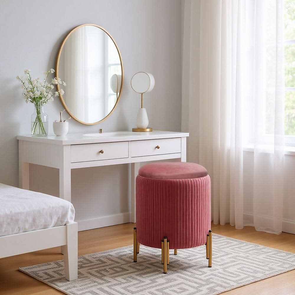 Velvet Storage Ottoman with Removable Tray Lid and Gold Metal Legs