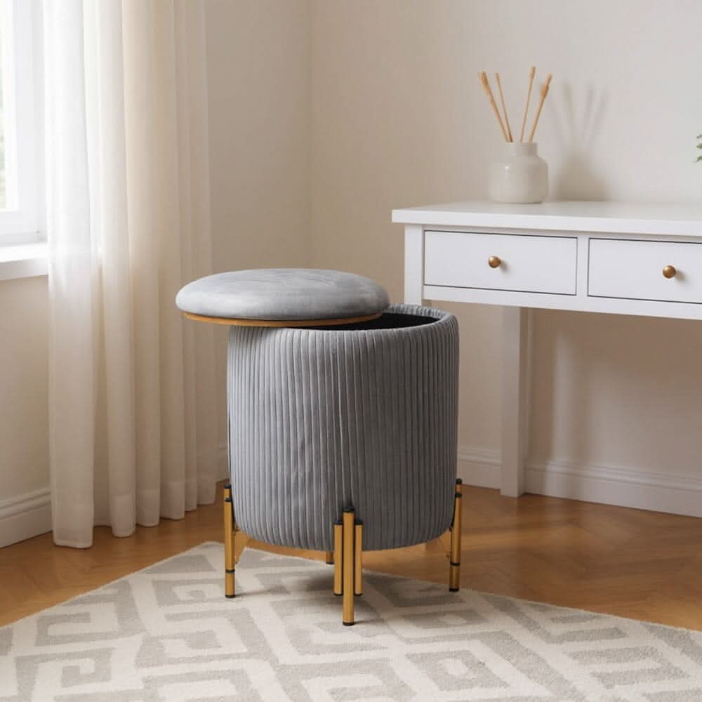 Velvet Storage Ottoman with Removable Tray Lid and Gold Metal Legs