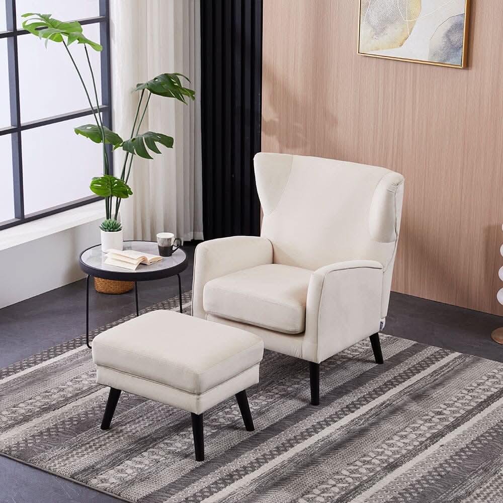 Chenille & Velvet Accent Chair with Ottoman Set