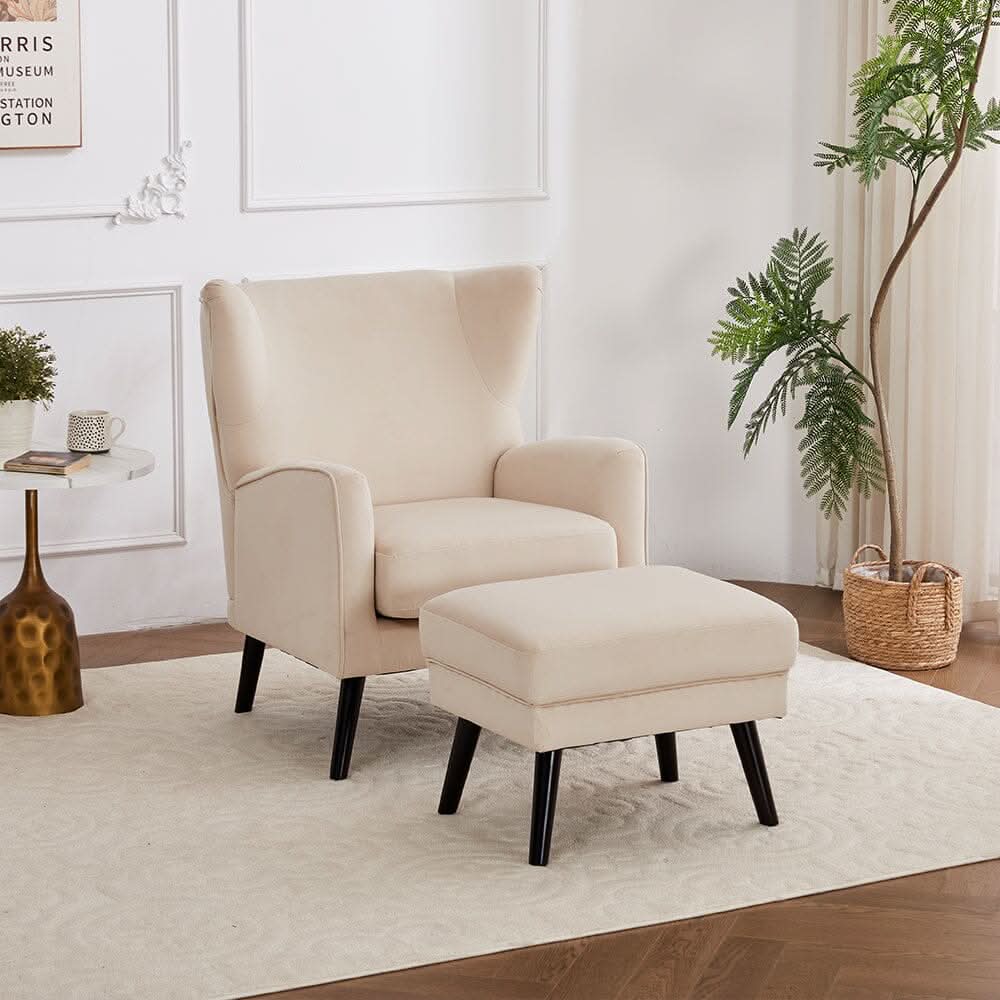 Chenille & Velvet Accent Chair with Ottoman Set