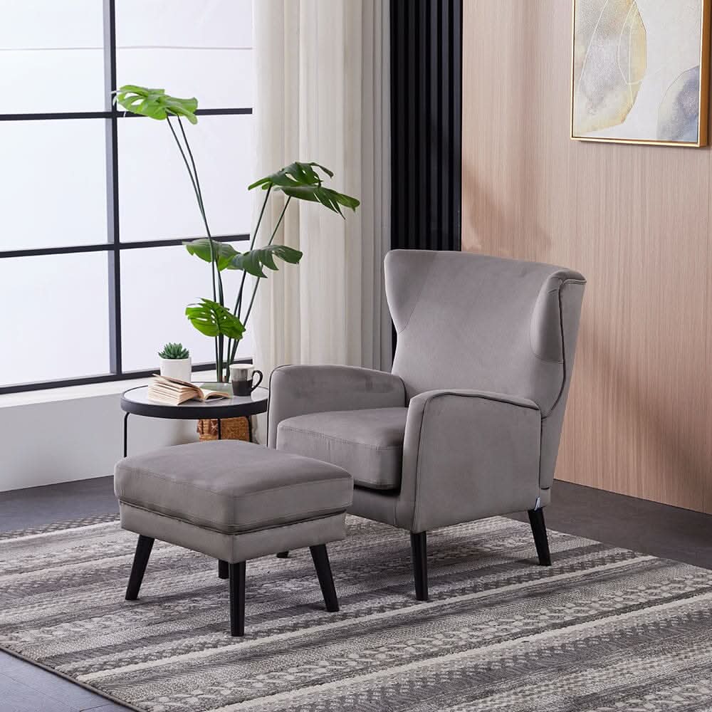 Chenille & Velvet Accent Chair with Ottoman Set