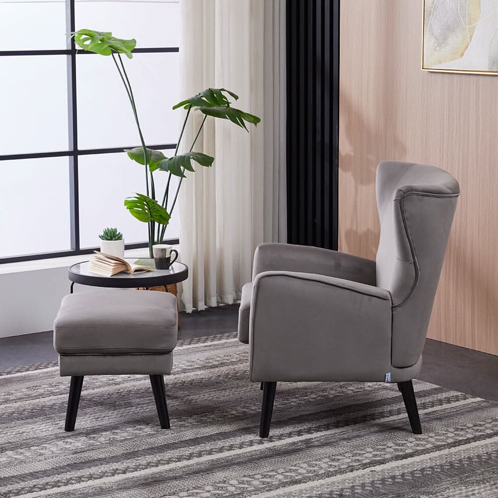 Chenille & Velvet Accent Chair with Ottoman Set
