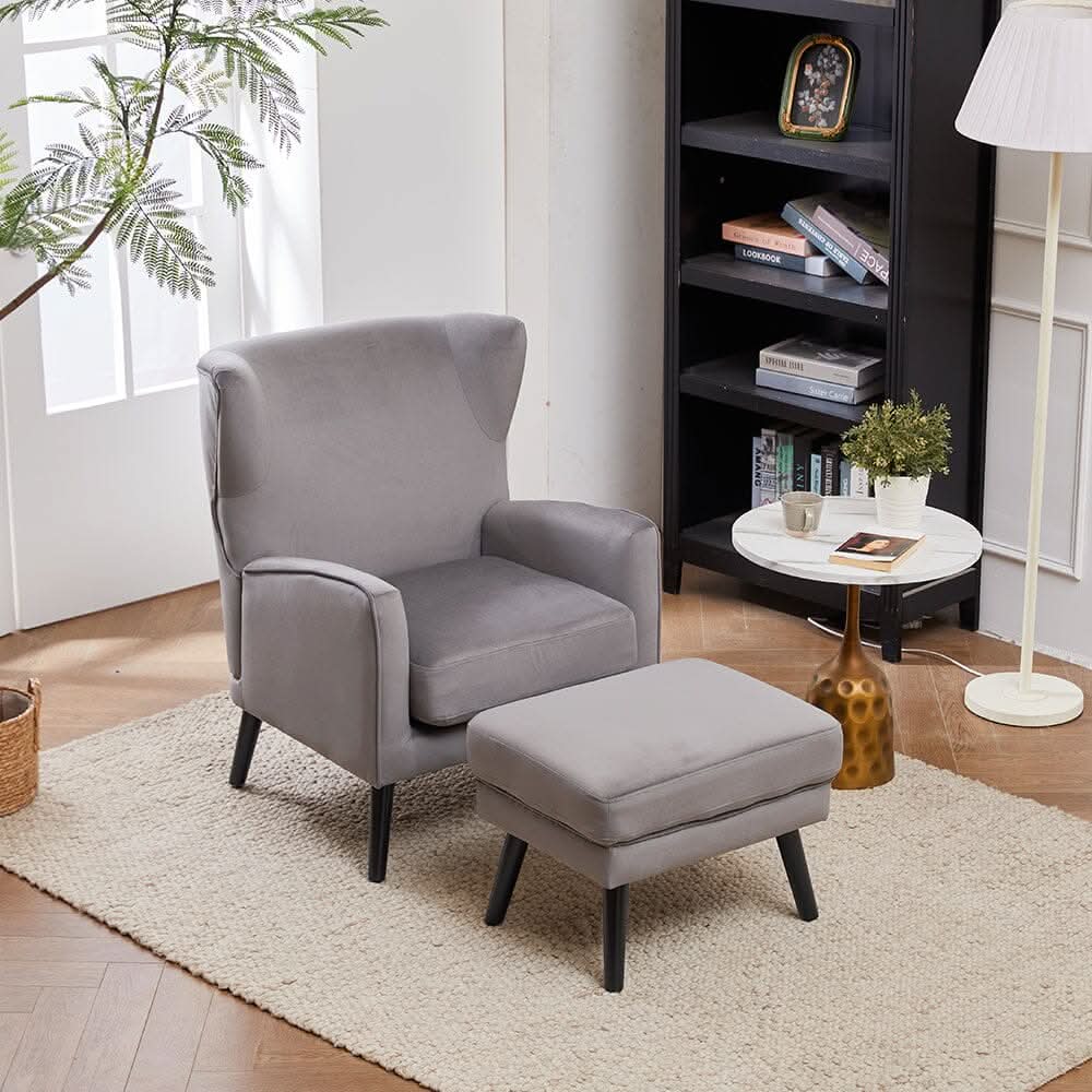 Chenille & Velvet Accent Chair with Ottoman Set