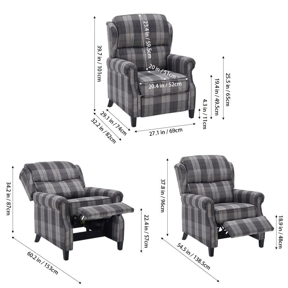 Grey & Black Check Linen Recliner Chair with Adjustable Foot Nails and Wooden Legs