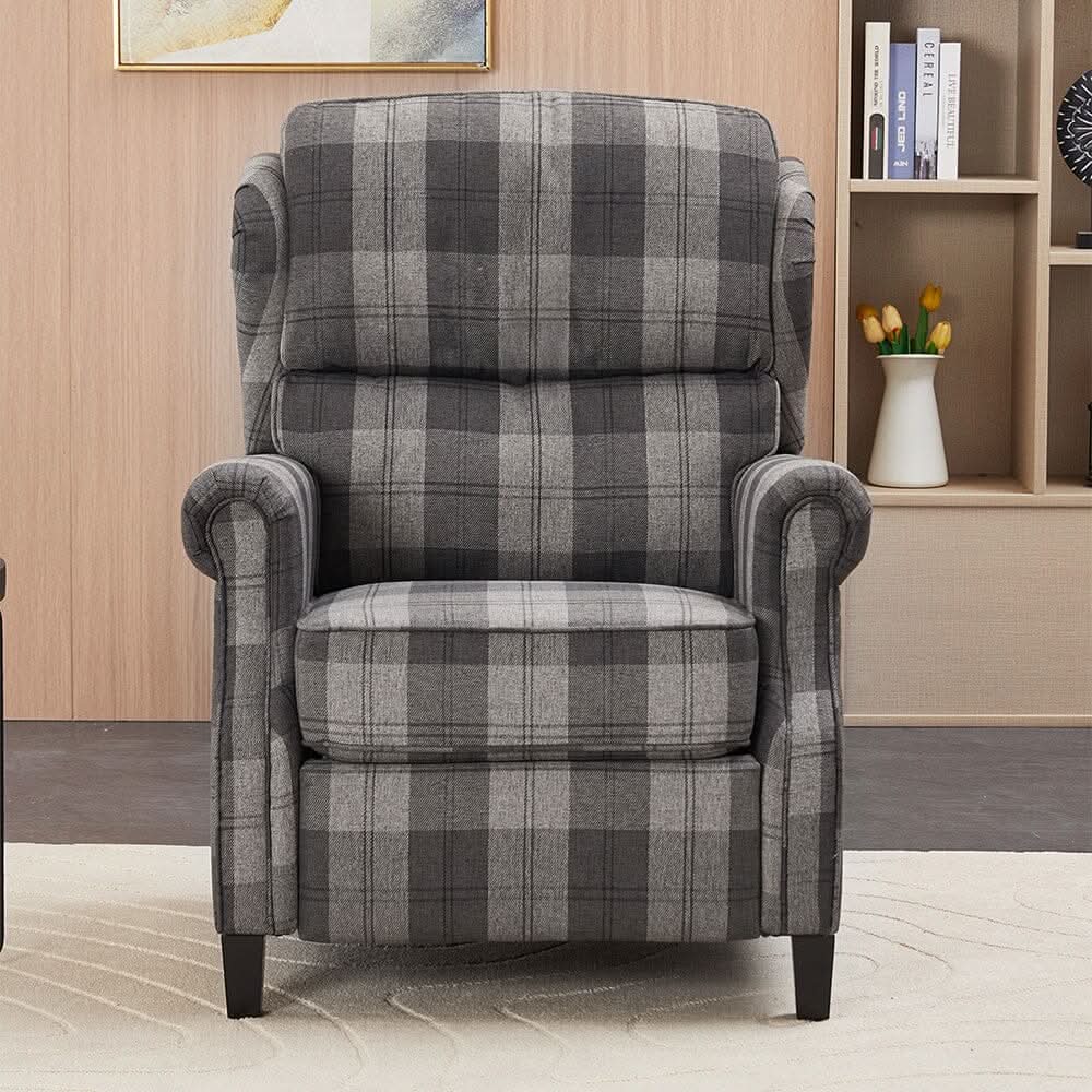 Grey & Black Check Linen Recliner Chair with Adjustable Foot Nails and Wooden Legs