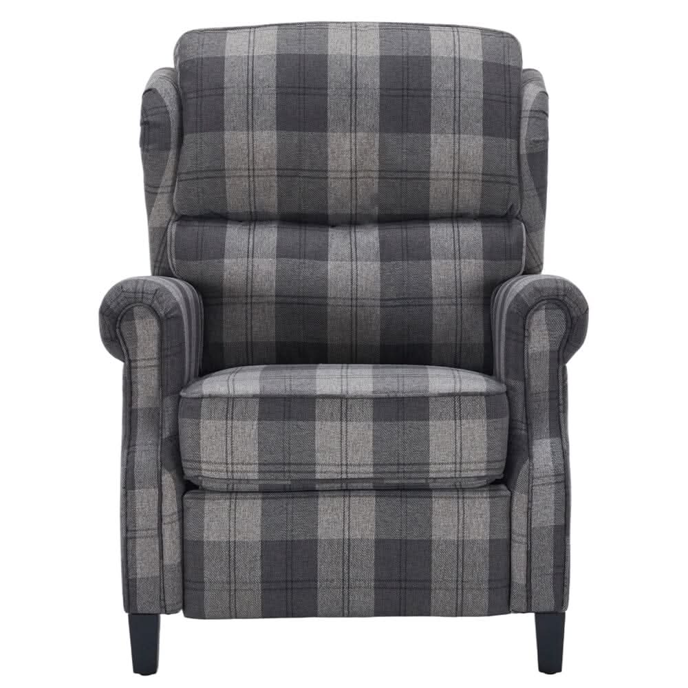 Grey & Black Check Linen Recliner Chair with Adjustable Foot Nails and Wooden Legs