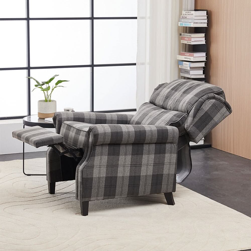 Grey & Black Check Linen Recliner Chair with Adjustable Foot Nails and Wooden Legs