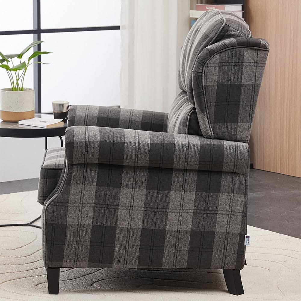 Grey & Black Check Linen Recliner Chair with Adjustable Foot Nails and Wooden Legs