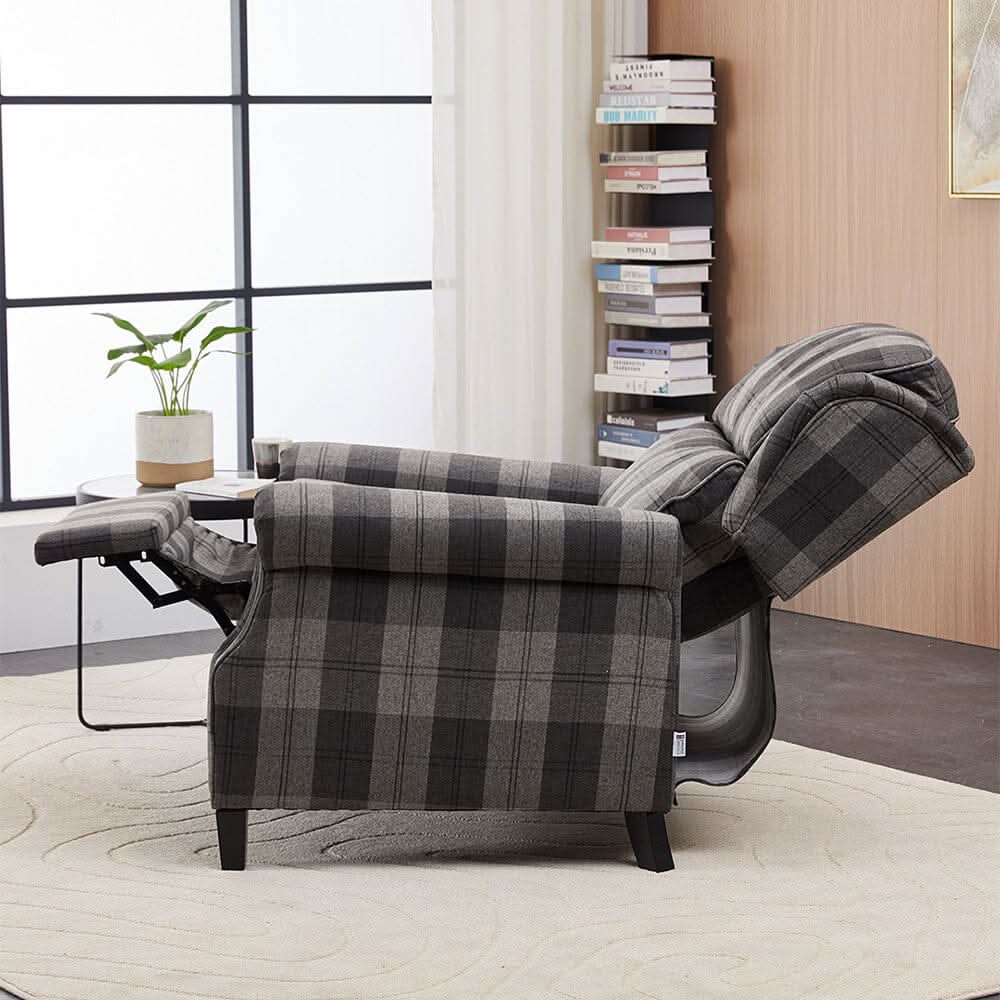 Grey & Black Check Linen Recliner Chair with Adjustable Foot Nails and Wooden Legs