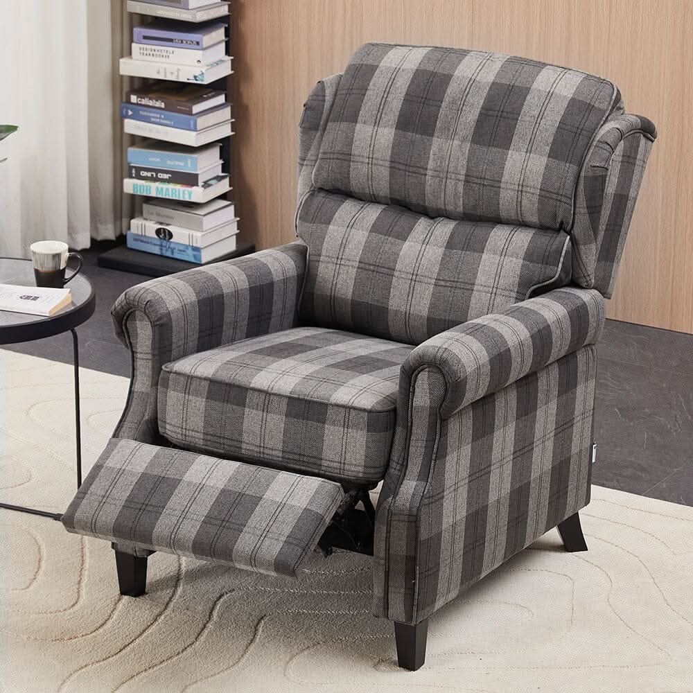 Grey & Black Check Linen Recliner Chair with Adjustable Foot Nails and Wooden Legs