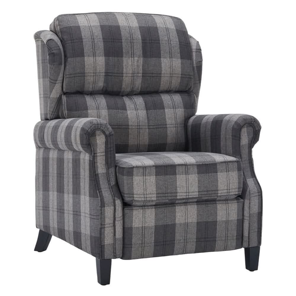 Grey & Black Check Linen Recliner Chair with Adjustable Foot Nails and Wooden Legs