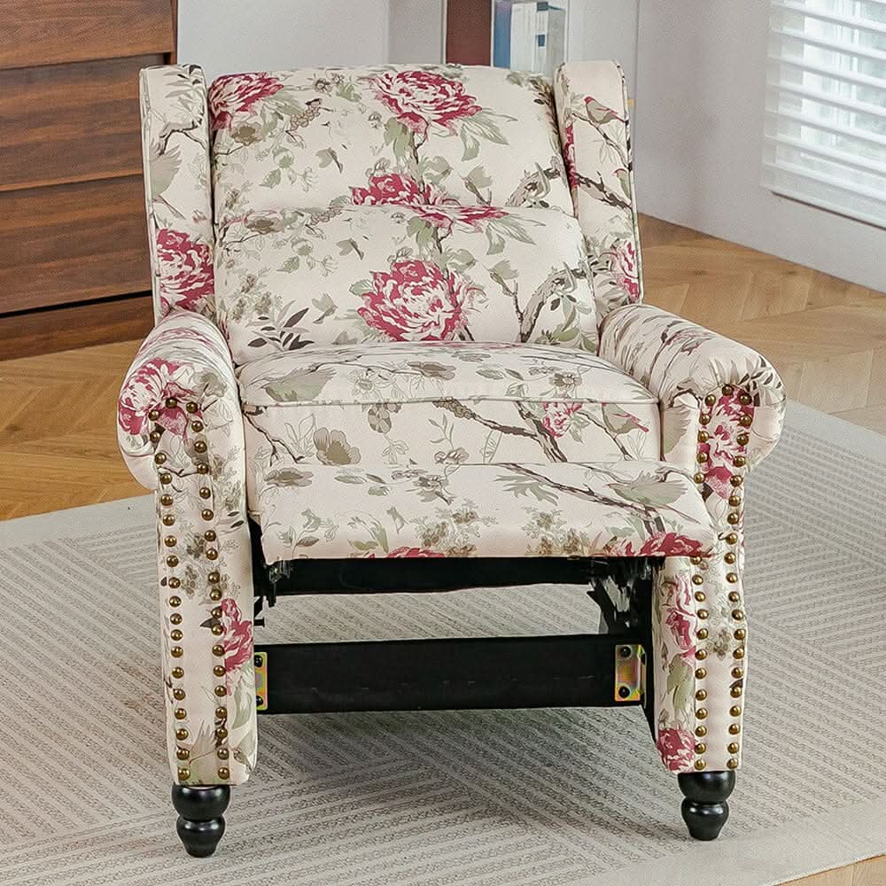 Linen Recliner Chair with Round Front Legs and Adjustable Foot Nails