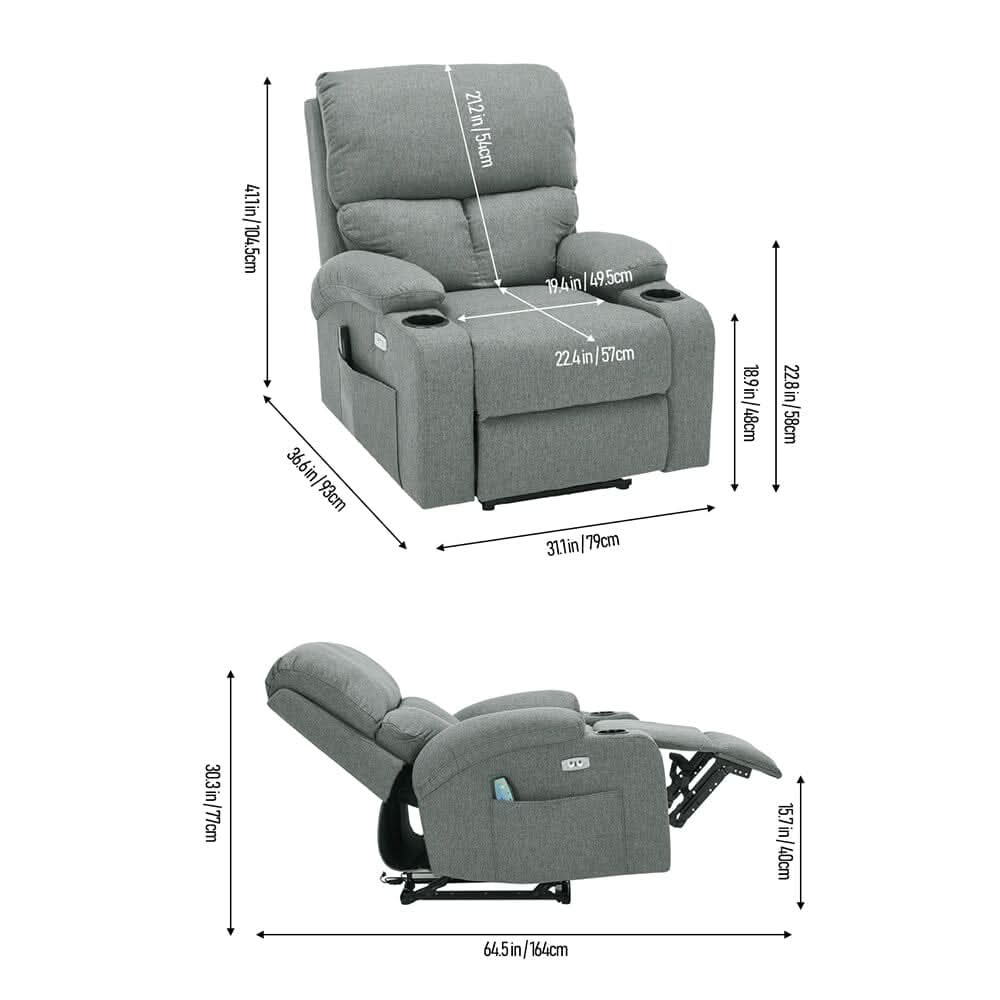 Electric Recliner Sofa with 8-Point Massage Heating Function and Cup Holders