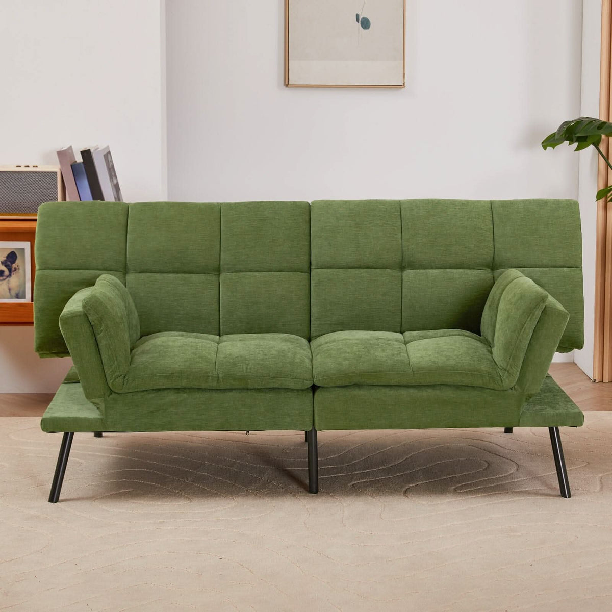 Adjustable Sofa Bed with Tufted Upholstery and Foldable Armrests