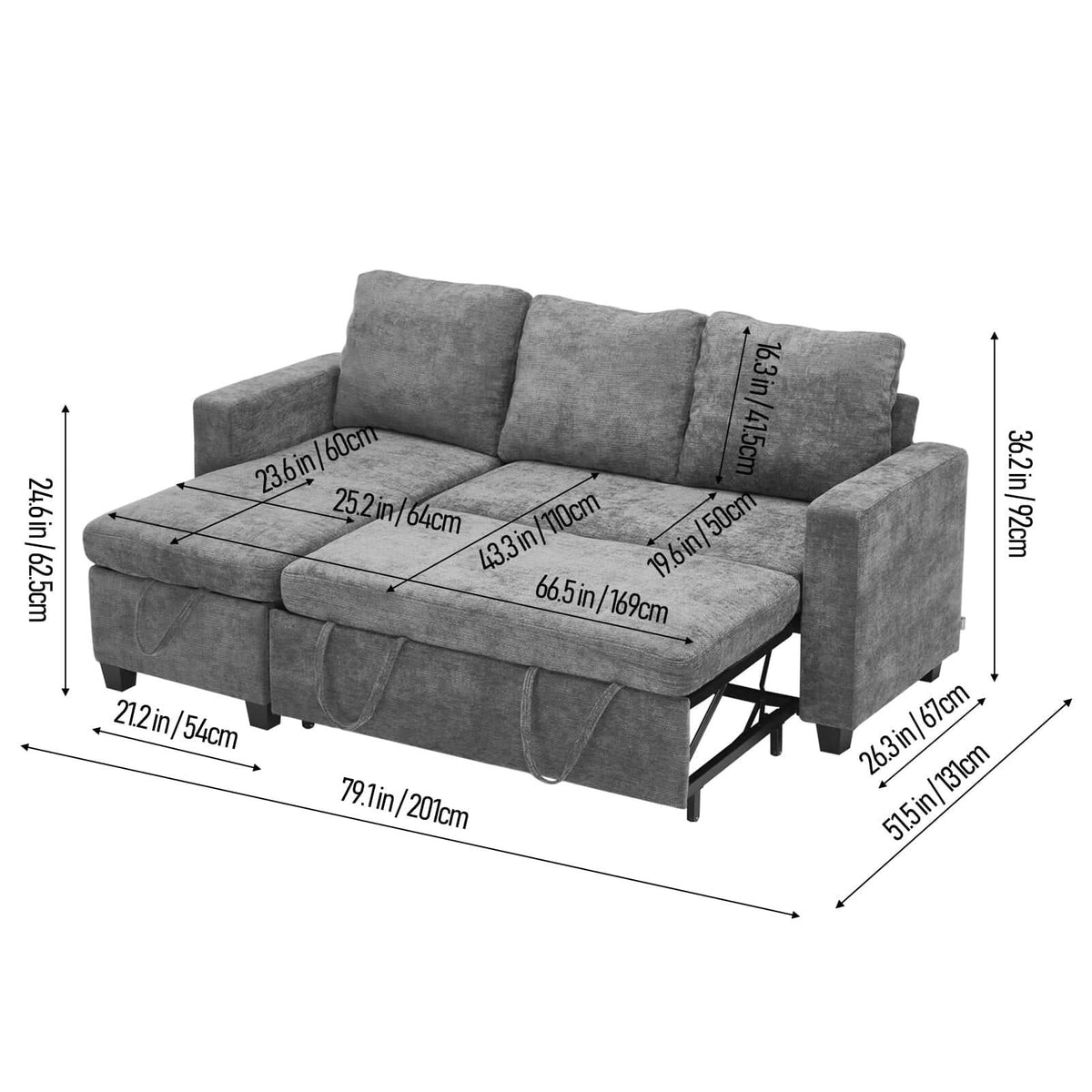 Pull-Out Sofa Bed with Storage Chaise and Soft Upholstery