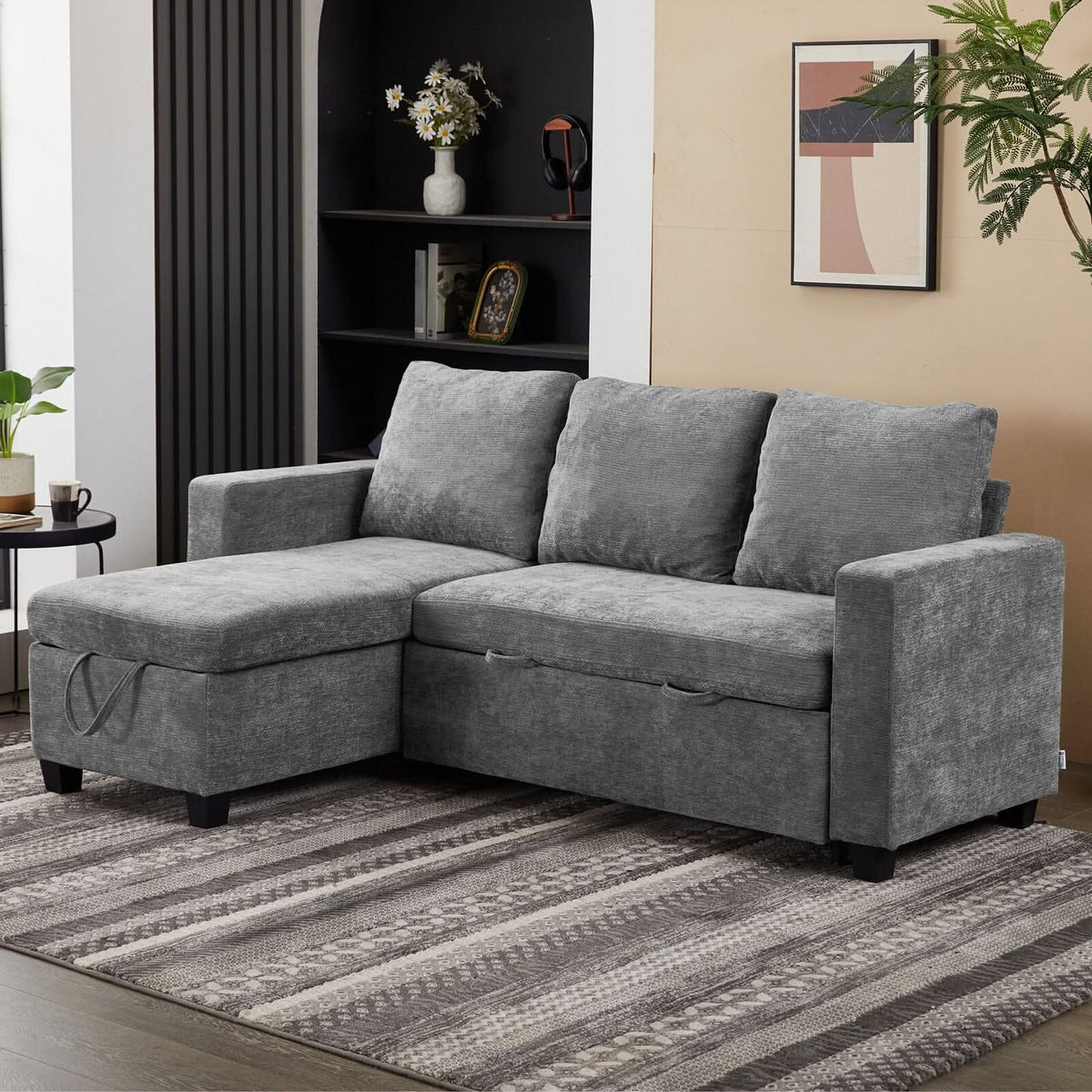 Pull-Out Sofa Bed with Storage Chaise and Soft Upholstery