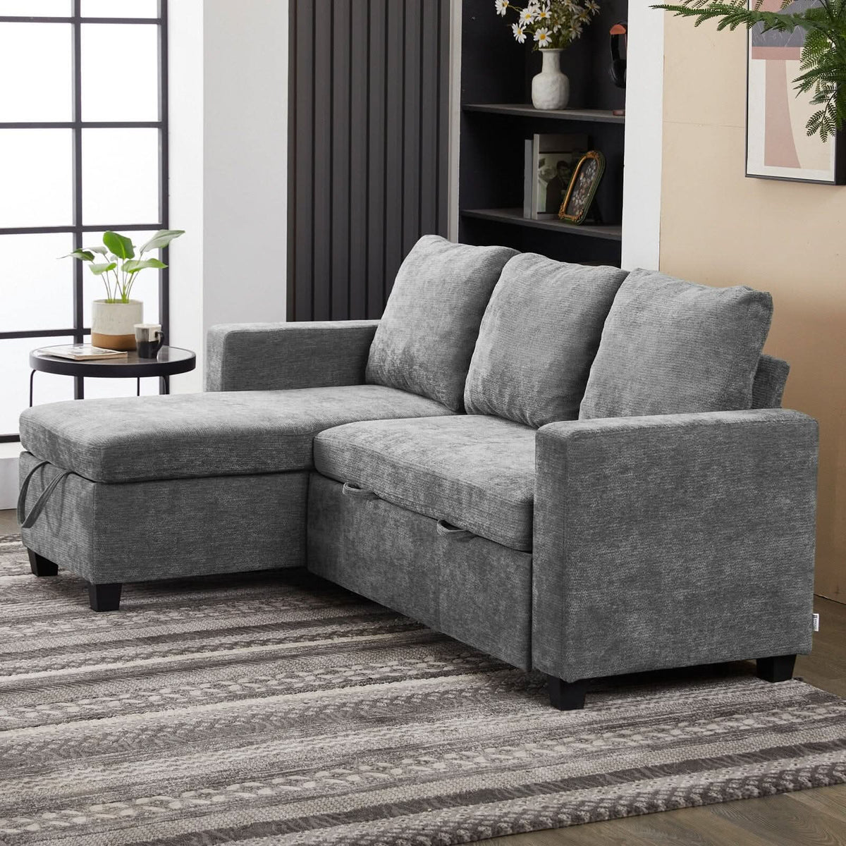 Pull-Out Sofa Bed with Storage Chaise and Soft Upholstery