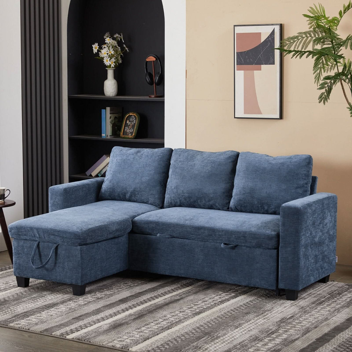 Pull-Out Sofa Bed with Storage Chaise and Soft Upholstery