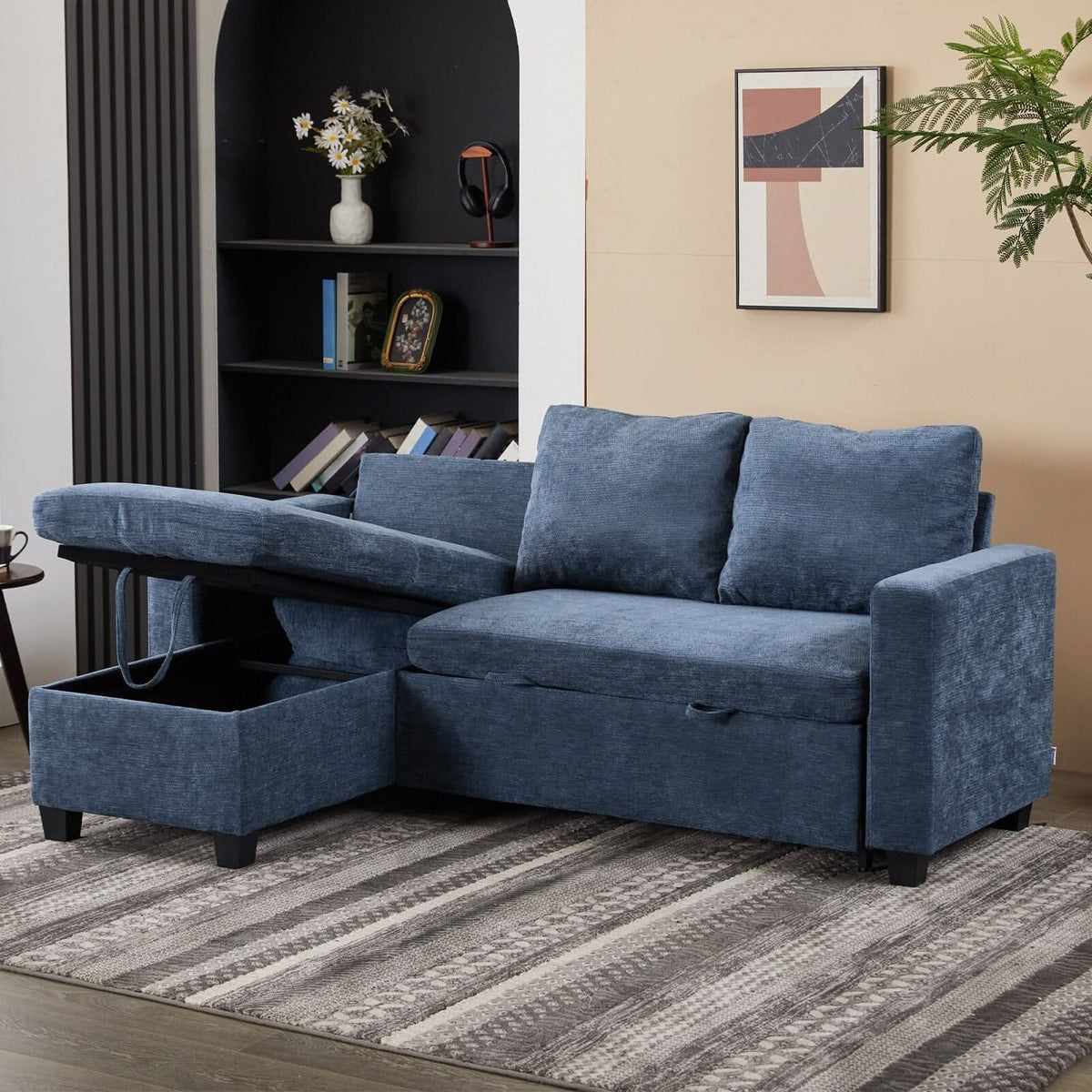 Pull-Out Sofa Bed with Storage Chaise and Soft Upholstery