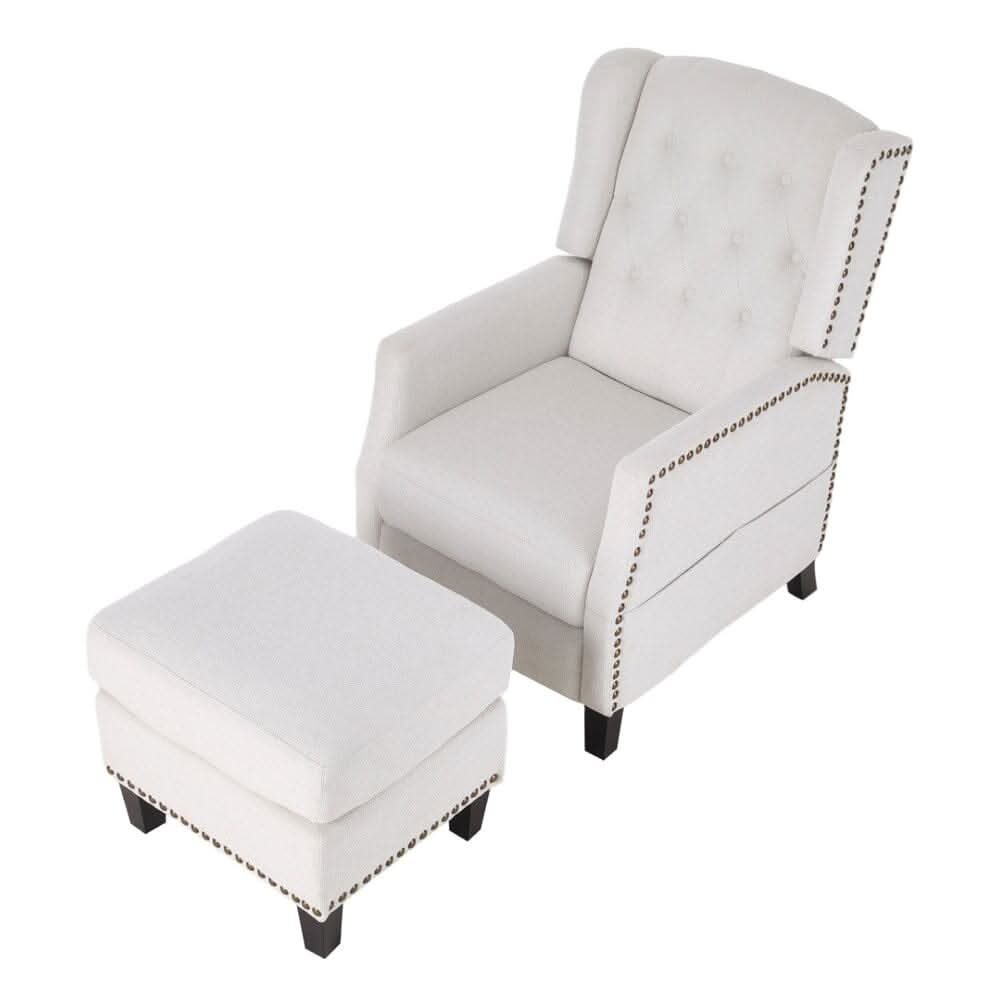 Chenille Push-Back Recliner Chair with Ottoman and Brass Nail Trim