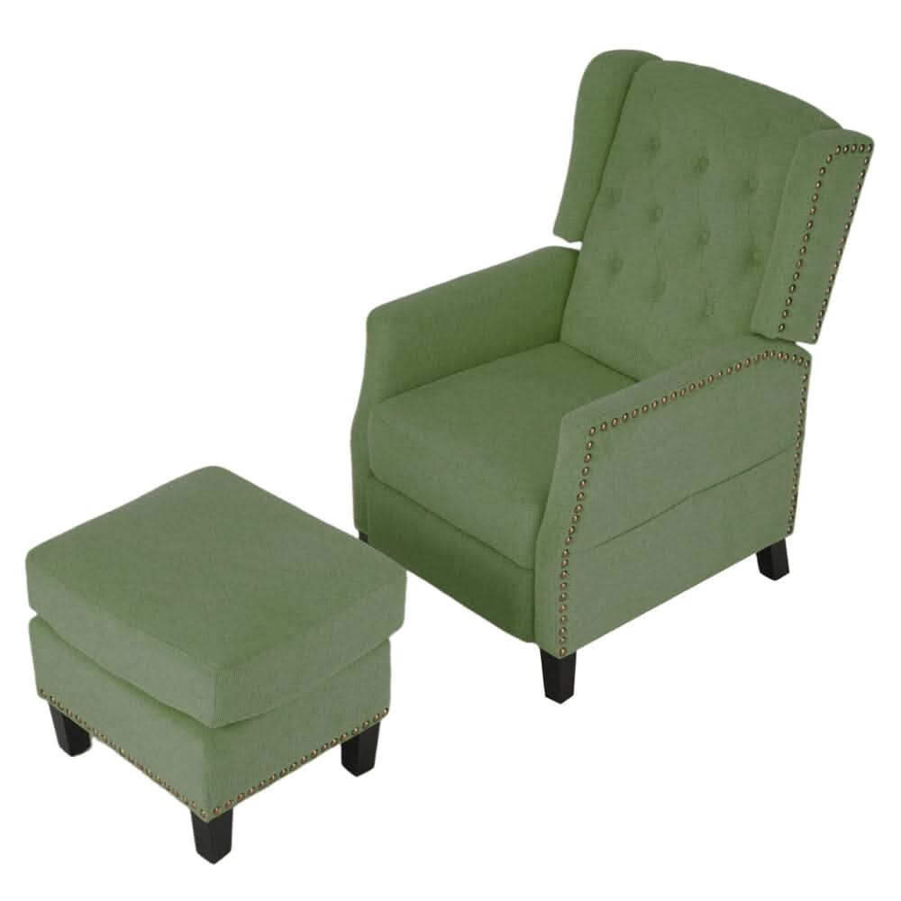 Chenille Push-Back Recliner Chair with Ottoman and Brass Nail Trim