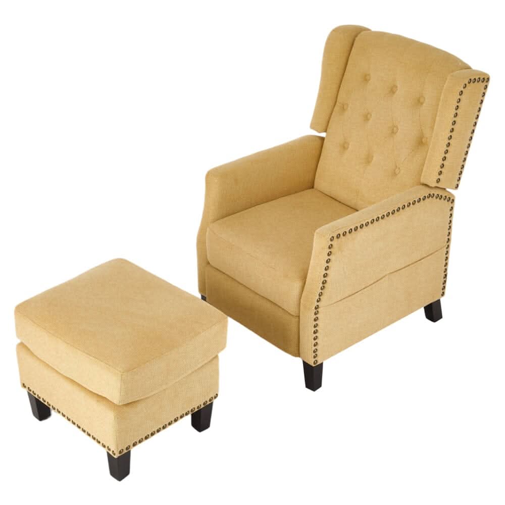 Chenille Push-Back Recliner Chair with Ottoman and Brass Nail Trim