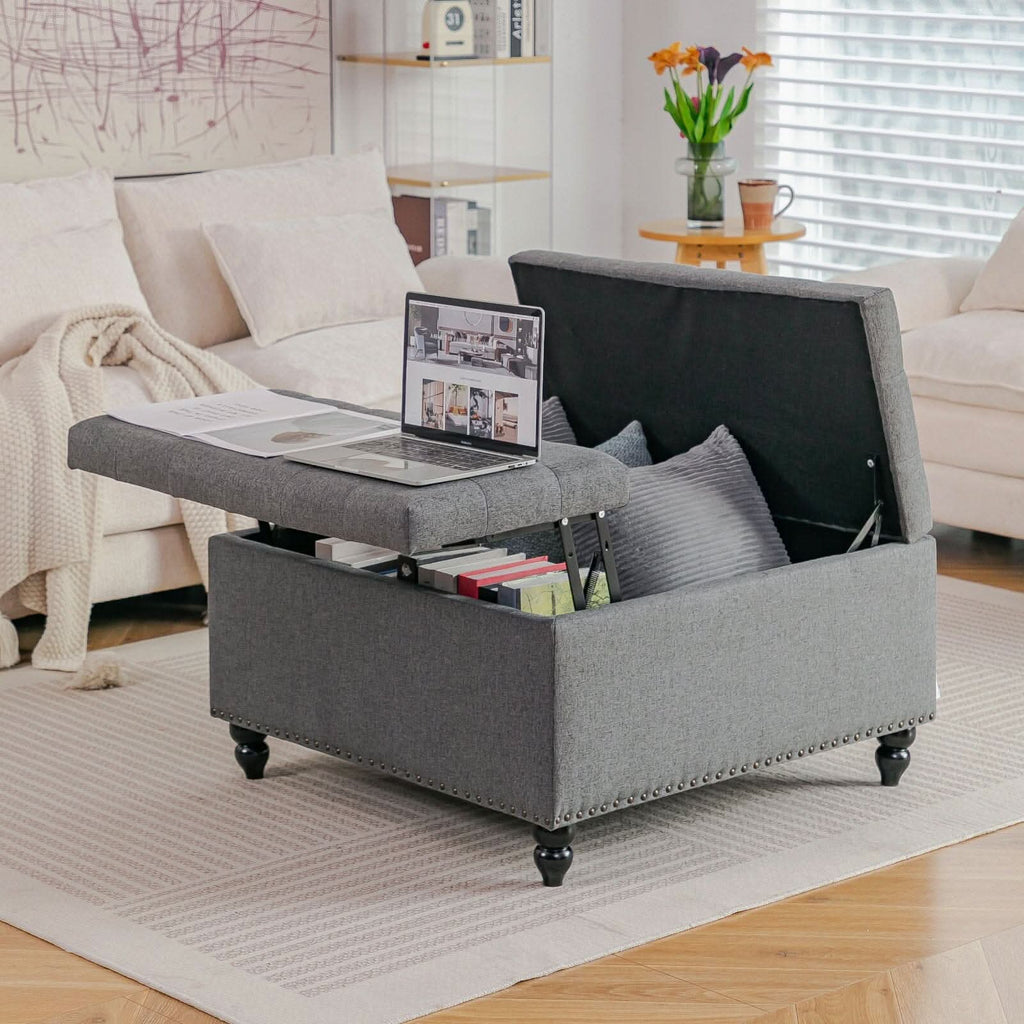 Large Square Storage Ottoman with Tufted Upholstery and Solid Wood Legs