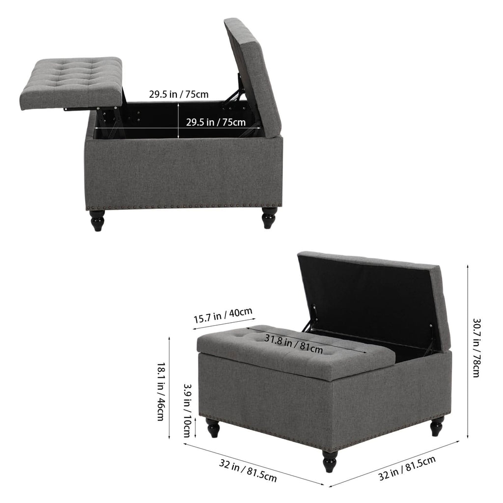 Large Square Storage Ottoman with Tufted Upholstery and Solid Wood Legs